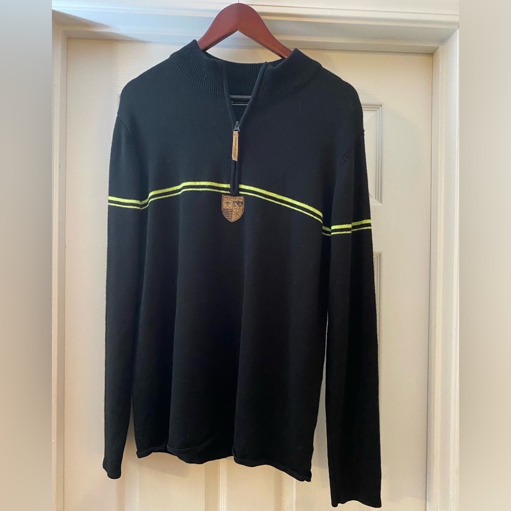 Obermeyer. Men’s Black Quarter-Zip Sweater with Neon Lime Stripes. Large. Wool.